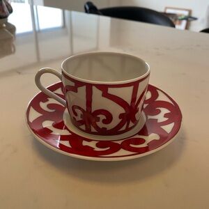 Hermes Balcon du Guadalquivir Red and White Porcelain Cup & Saucer